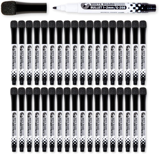 Glassboard Studio Black Fine Tip Dry Erase Markers Bulk 36-Pack with Magnetic Eraser Cap and Low Odor Ink for White Boards at School, Work, or Home
