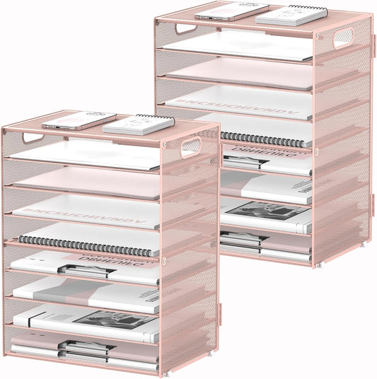 DALTACK 9-Tier Paper Letter Tray Desk Organizer with Handles, Mesh File Holder Organization, Paper Sorter Desk Organizer for Office Home School, Pink 2 Pack