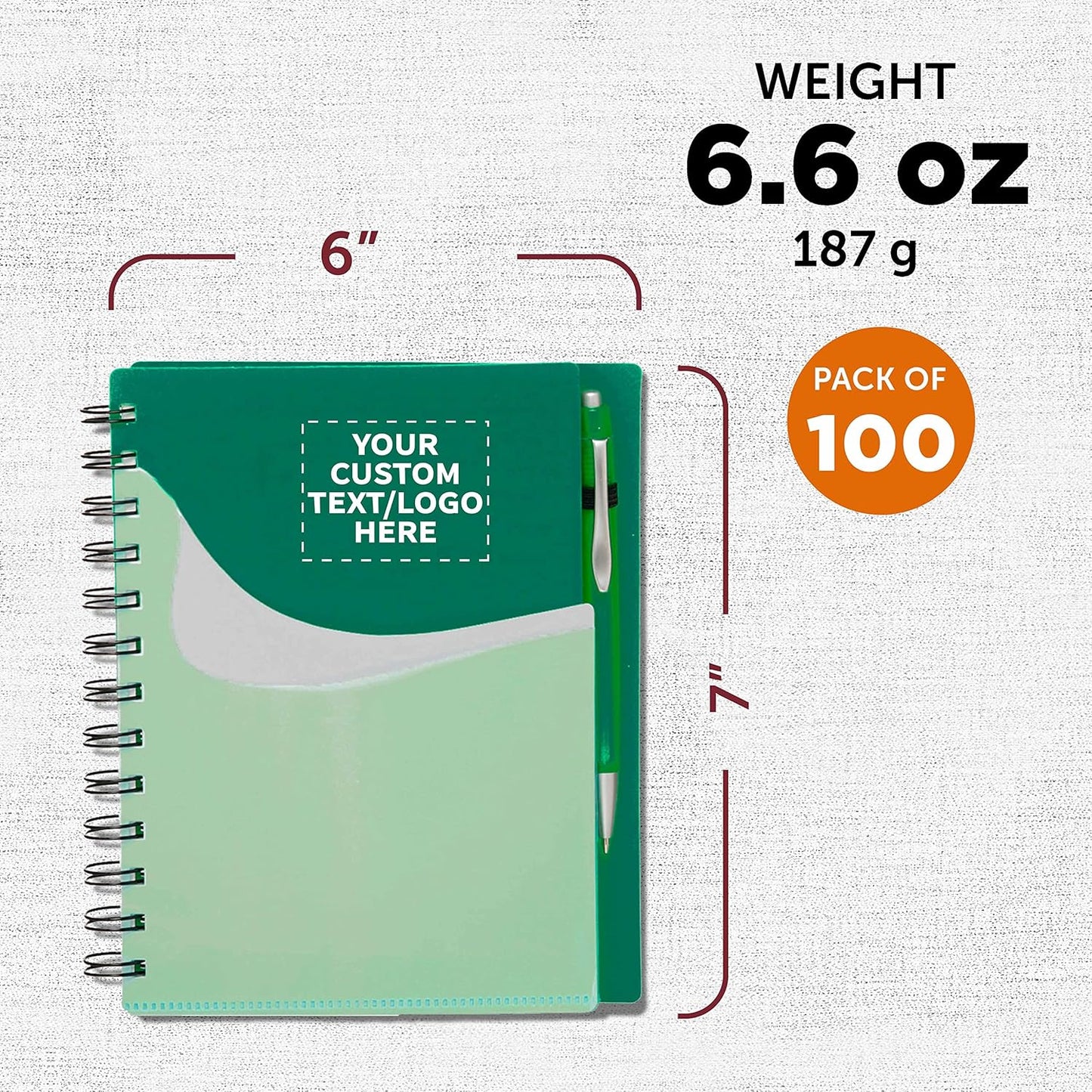 DISCOUNT PROMOS Custom Spiral Notebooks with Front Pocket Set of 100, Personalized Bulk Pack - Durable Plastic Cover, Includes Matching Pen in Blank Ink, Perfect for School, Office, Home - Green