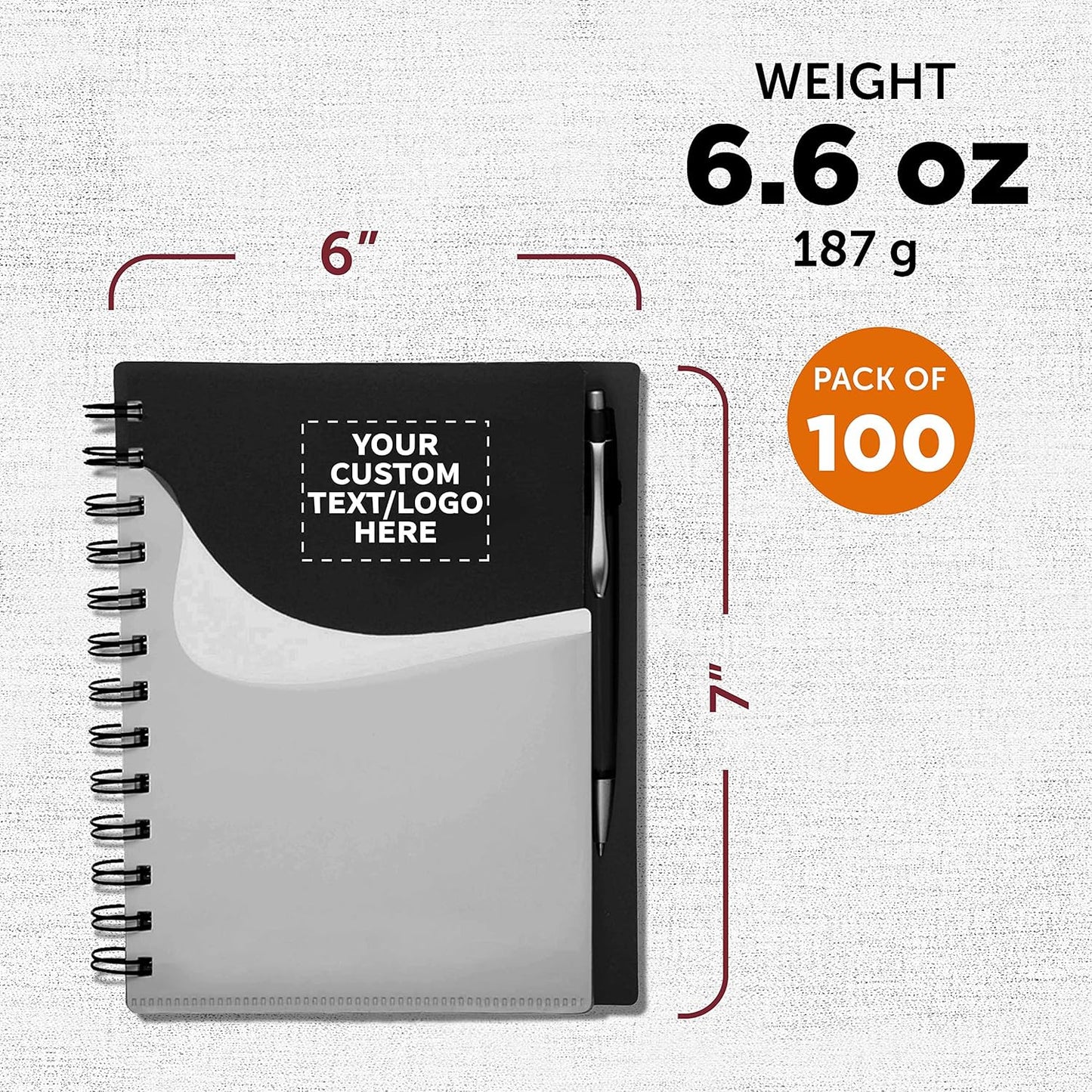 DISCOUNT PROMOS Custom Spiral Notebooks with Front Pocket Set of 100, Personalized Bulk Pack - Durable Plastic Cover, Includes Matching Pen in Blank Ink, Perfect for School, Office, Home - Black
