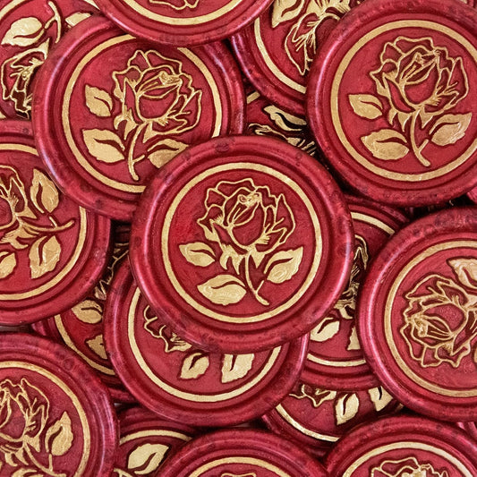 100Pcs Gold & Red Wax Seal Stickers - Handmade Envelope Seals, Self Adhesive Wax Stickers for Wedding Party Invitations, Envelope, Gift Wrap, Christmas (Gold Rose Style, Red)