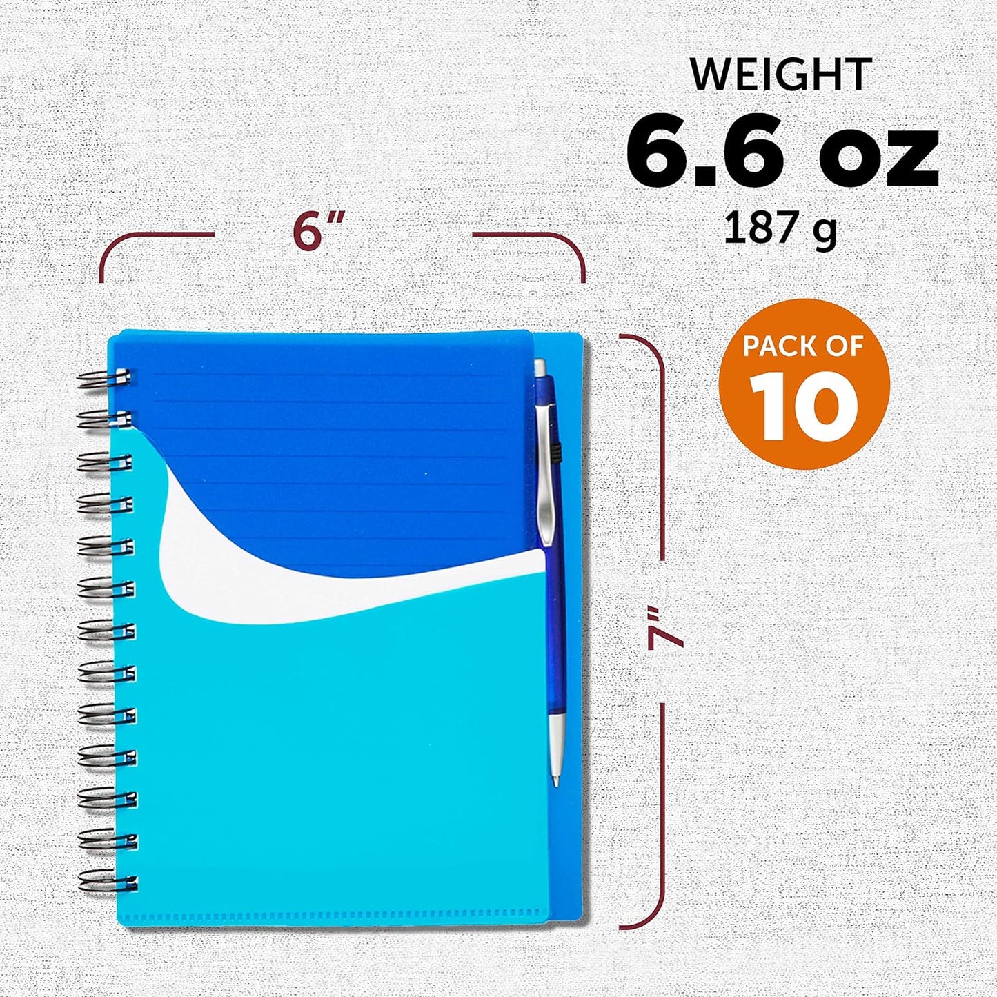 DISCOUNT PROMOS Spiral Notebooks with Front Pocket Set of 10, Bulk Pack - Durable Plastic Cover, Includes Matching Pen in Blank Ink, Perfect for School, Office, Home - Blue