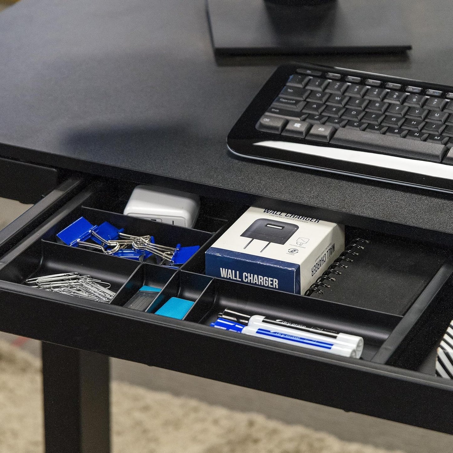 IRIS USA 14" x 10" Stacking Desktop Organizer Tray with Built-In Divider, 8 Pack, Plastic Storage Container for Stationery Art Craft Supplies Office Desk Drawer and Small Business Organization, Black